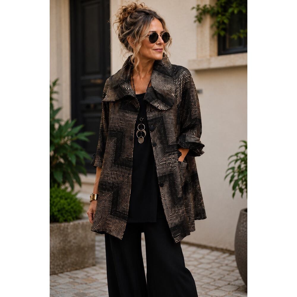 Damee Inc Geometric Swing Jacket Bronze Black Lightweight Artistic Boho Luxe S